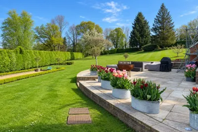 A formal garden with clipped hedges, a terrace and planters full of tulips in spring.