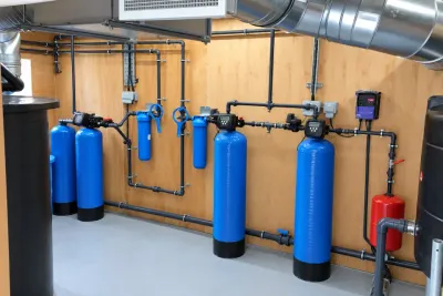 A plant room with four blue pressure vessels in a row, a red expansion vessel and ducting overhead.