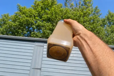 A hand holding up a sample bottle of brown, silted raw water against a bright sky.