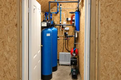 A narrow plant room with two blue pressure vessels, a controller and pipework on plywood walls.