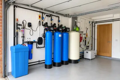 A garage plant room with a water softener, three blue pressure vessels and a white vessel plumbed in a row.