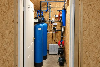 A narrow plant room with two blue pressure vessels, a controller and pipework on plywood walls.