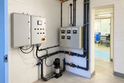 A commercial plant room with two control panels on a white block wall and a pump on the floor.