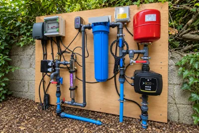 A borehole headworks board on a garden wall: pump controller, filter housing, red expansion vessel and valves.
