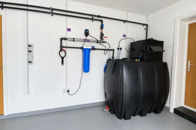 A clean white plant room with a black storage tank, a wall-mounted filter and UV unit, and pipework run neatly along the wall.