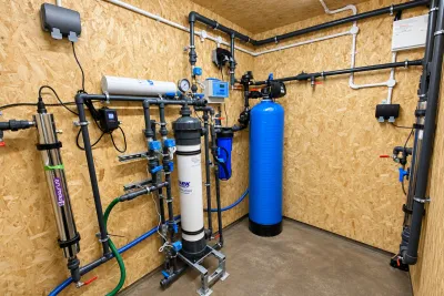 A plant room with a UV steriliser, an ultrafiltration module and a blue pressure vessel, plumbed in grey and blue against board walls.