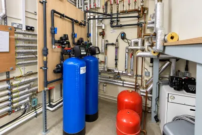 A plant room with two blue pressure vessels, red expansion vessels and insulated copper and steel pipework.